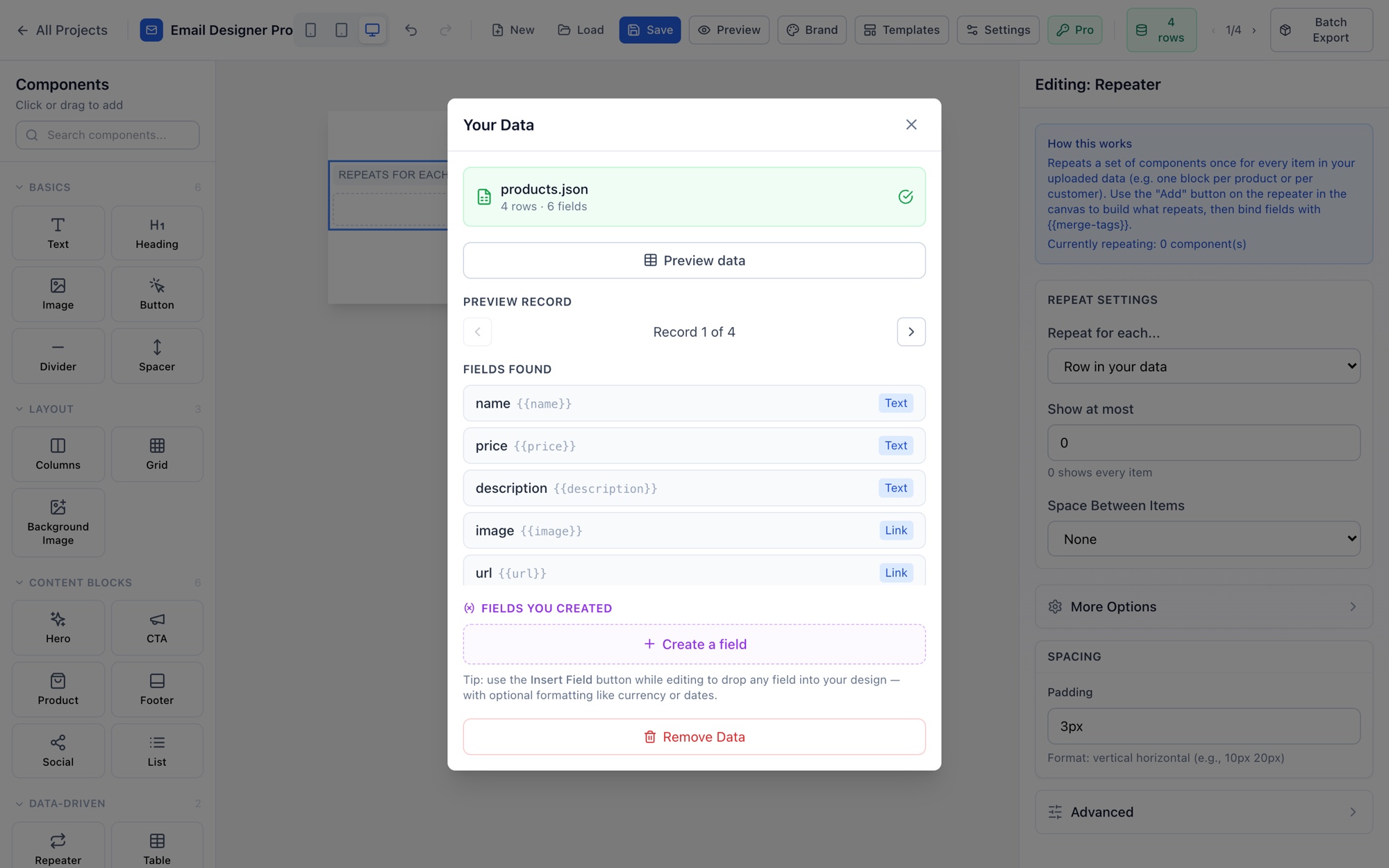 The Your Data panel showing an uploaded products.json file with 4 rows and 6 fields — name, price, description, image and url — each listed with its merge-tag such as double-brace name.