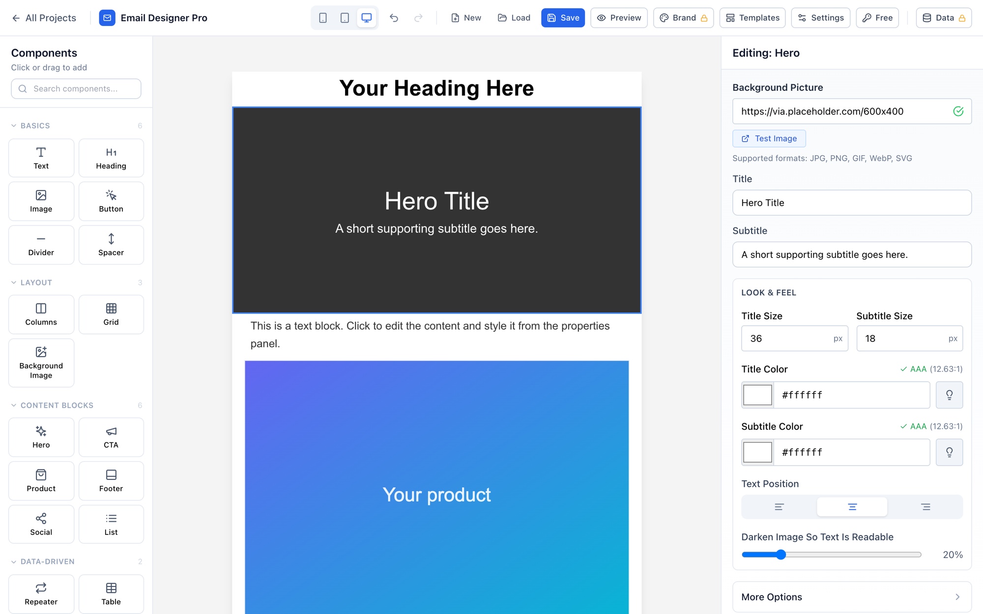 The Email Designer Pro builder: a component library on the left, an email being composed in the centre canvas, and the properties panel on the right editing a hero block with colour, size and alignment controls.