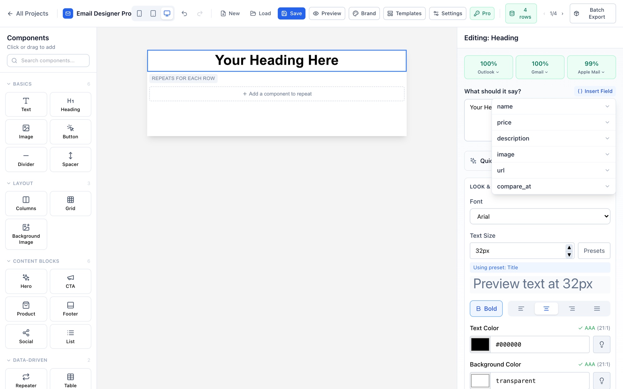 Editing a heading with the Insert Field menu open, listing the data fields name, price, description, image, url and compare_at, alongside live Outlook, Gmail and Apple Mail compatibility scores.