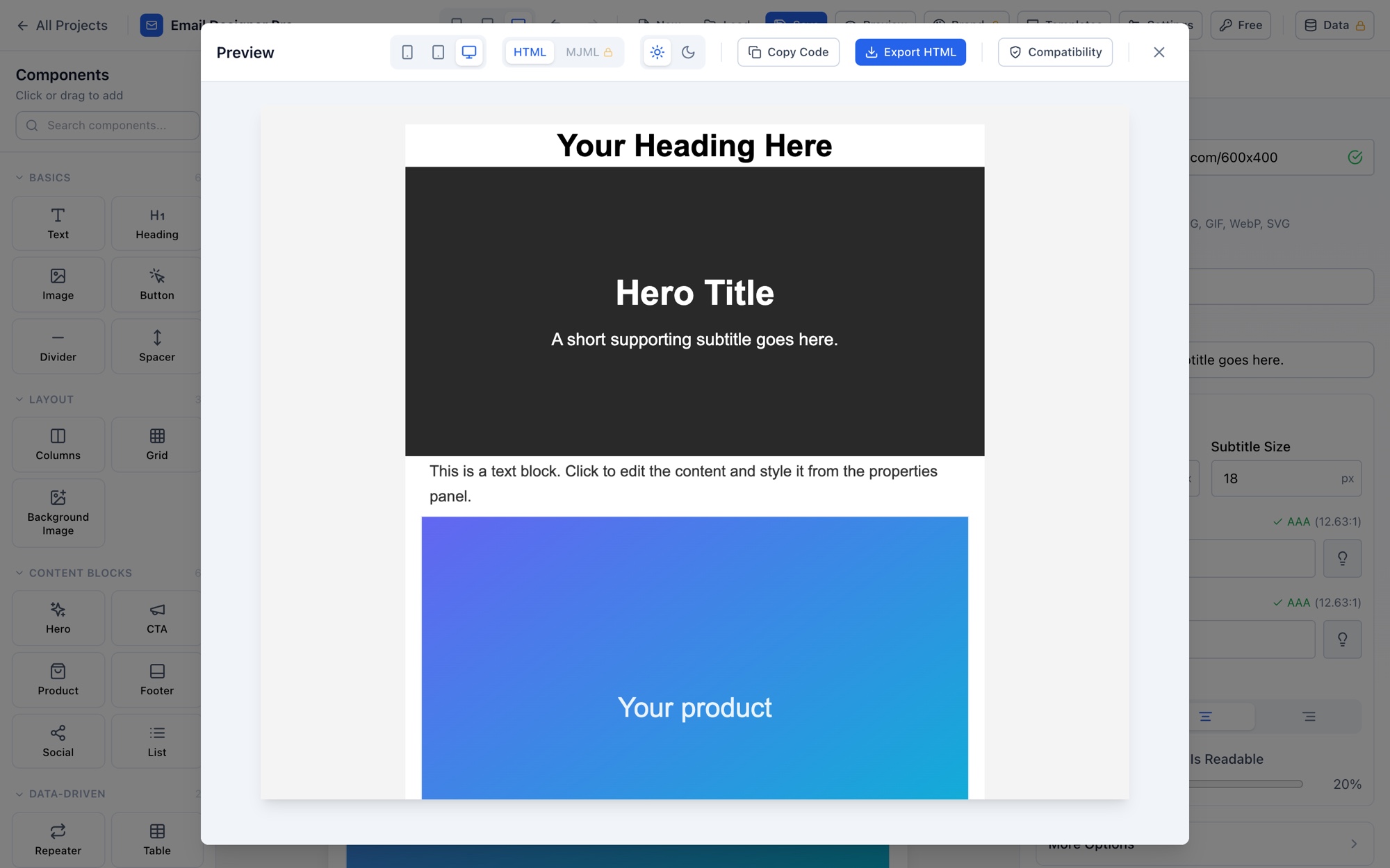 The preview window showing the finished email on desktop, with device toggles, HTML and MJML tabs, and Copy Code, Export HTML and Compatibility buttons.
