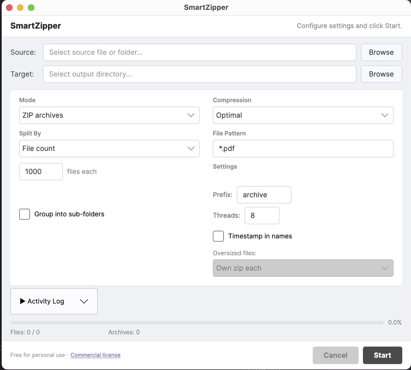 The SmartZipper application window showing file-splitting options: split by count, by size, grouped sub-folders, and parallel compression.